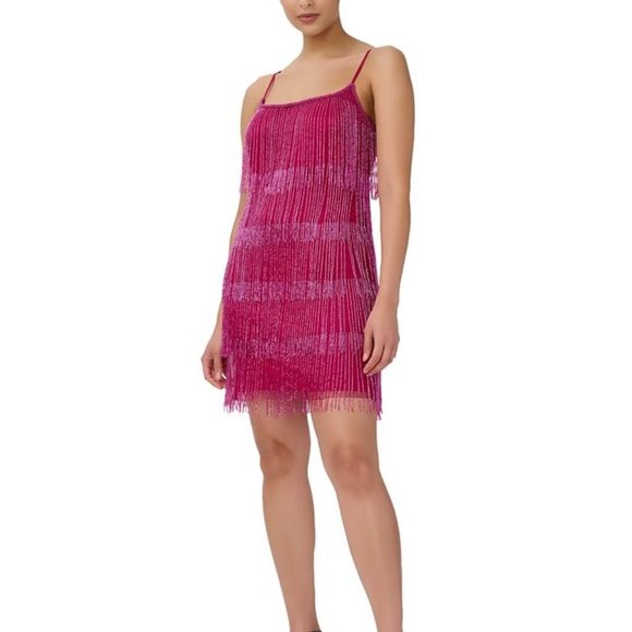 ADRIANNA PAPELL Petite Beaded Cocktail Shift Dress Raspberry Wine Size 4P - Picture 1 of 4
